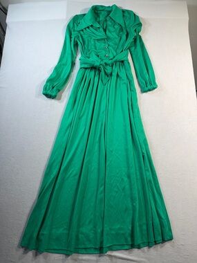 Vintage 1970's Green Long Sleeve Button Down Maxi Dress with Crystal Buttons
